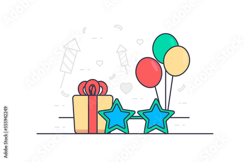 Holiday concept in flat outline design. Celebrating birthday and events at party. Illustration with colorful line web scene with gift with bow, star glasses, balloons, firework and confetti