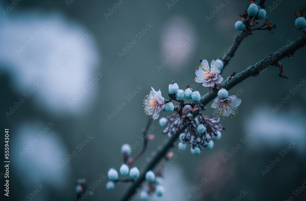 flowers in the snow,blooming tree flowers in the snow,blooming tree