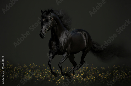 black horse running,horse on the meadow