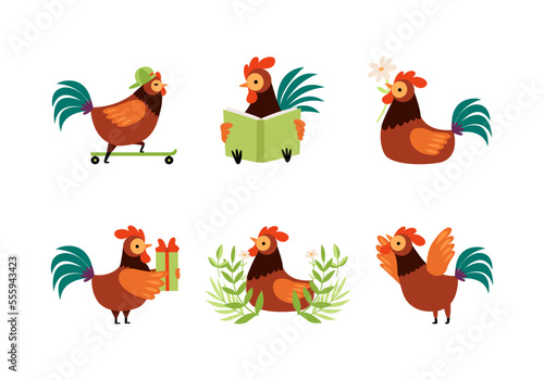 Rooster or Cock Character as Farm Poultry and Feathered Bird Vector Set