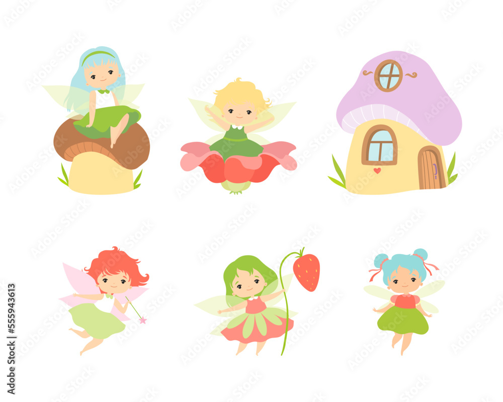 Little Fairy or Pixie with Wings as Woodland Nymph Vector Set Little Fairy or Pixie with Wings as Woodland Nymph Vector Set