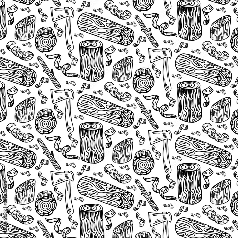 Wood, burning materials. Vector sketch illustration collection. Materials for wood industry. Stump, branch, timber. Tree lumber. Seamless background, wallpaper, pattern. Template for print, web design
