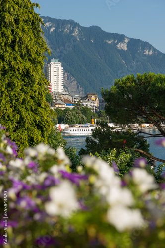 View along the shore of Lake Geneva in Montreux, Switzerland.