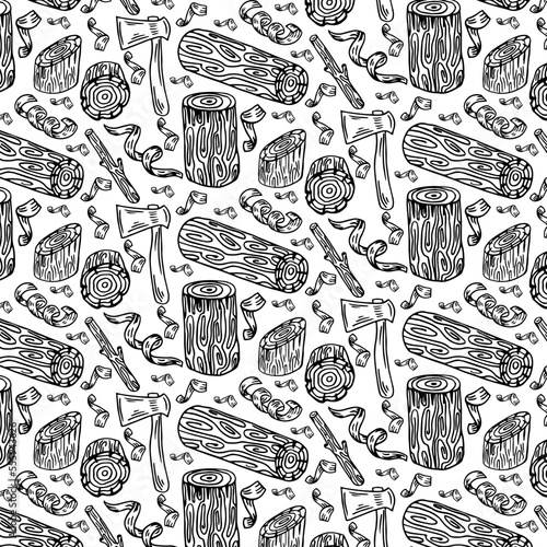 Wood, burning materials. Vector sketch illustration collection. Materials for wood industry. Stump, branch, timber. Tree lumber. Seamless background, wallpaper, pattern. Template for print, web design