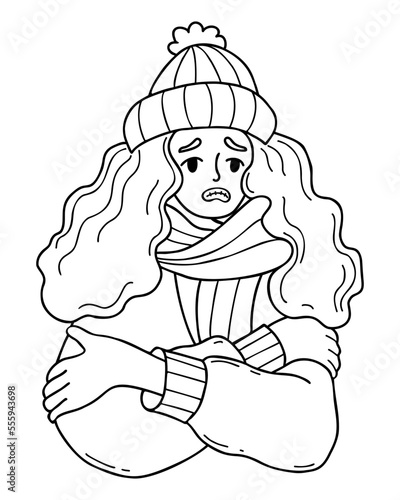 Unhappy girl in knitted hat and scarf freezing wearing and shivering. Outline vector illustration. hand drawn doodle. Winter season and suffering of low minus degrees temperature.