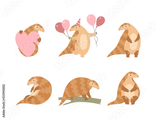 Pangolin or Scaly Anteater with Clawed Paw Engaged in Different Activity Vector Set