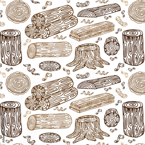 Wood, burning materials. Vector sketch illustration collection. Materials for wood industry. Stump, branch, timber. Tree lumber. Seamless background, wallpaper, pattern. Template for print, web design