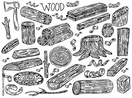 Wood set. Planks and logs, lumber and Cuts, Firewood in vintage style. Pieces of Tree. Vector illusion for signboard, labels, logo or banner. Campfire material. Engraved Hand drawn sketch.