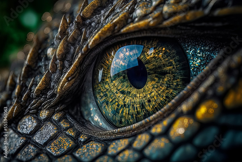Dragon eye. 3d render of close up lizard eye. Fantasy monster looking. Macro photography of creature. Realistic colorful eye of evil dinosaur beast. Macro of angry magical animal. Predator vision. © Fortis Design
