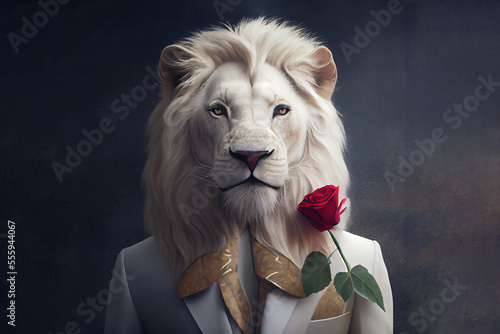 portrait of lion with rose. Generative AI