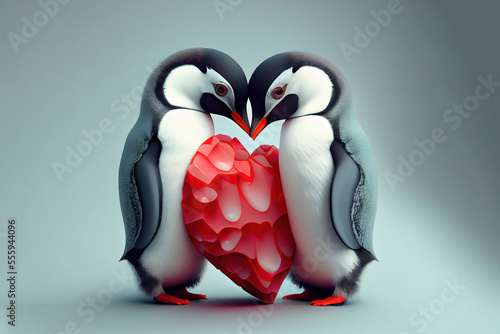 two cute love penguin cartoon, postcard for Valentine's day. Generative AI