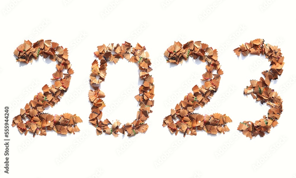 2023 Written with Pencil Waste on White Background, Happy New Year 2023 Conceptual Photo