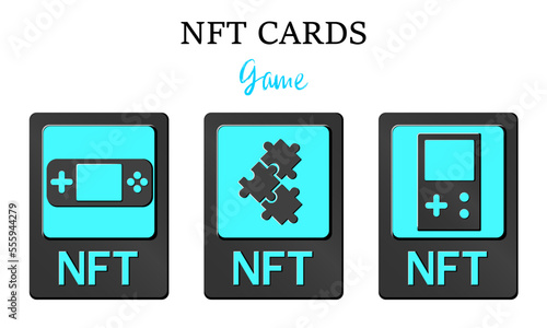 3D NFT token cards in cryptography. NFT cards with game. A non-fungible token with information from the blockchain. ERC20. vector eps 10