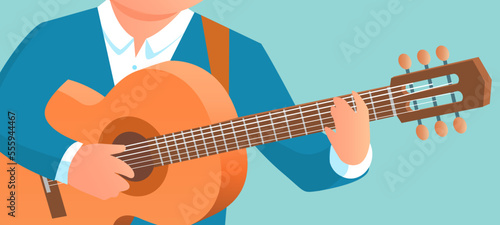 A man plays the guitar. Hands of a guitarist close up. Guitar lesson. School of music. Classical musical instrument. Vector cartoon illustration