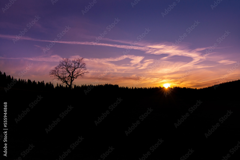 Romantic evening sky with cloud and piece of sun at sunset with lonely tree and mountain in background silhouette.