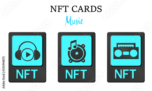 3D NFT token cards in cryptography. NFT cards with music. A non-fungible token with information from the blockchain. ERC20. vector eps 10