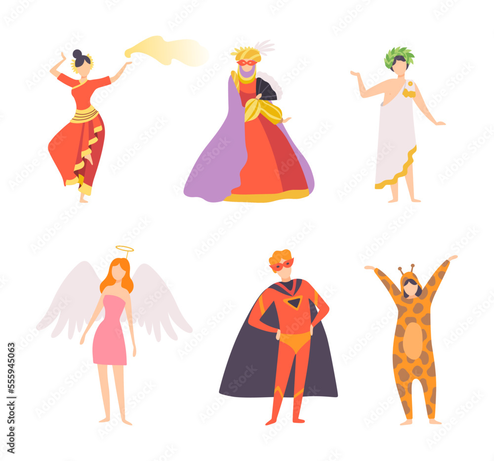 Man and Woman Character Wearing Carnival or Party Garment Vector Illustration Set