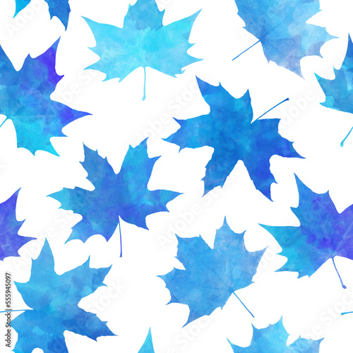 Blue seamless vector watercolor pattern with frozen maple leaves for wrapping, postcard, poster, cover, cards. Endless blue painted hand-drawn winter background. Merry Christmas! Happy New Year!