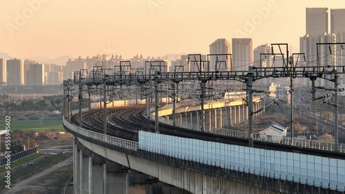 high speed train through city photo
