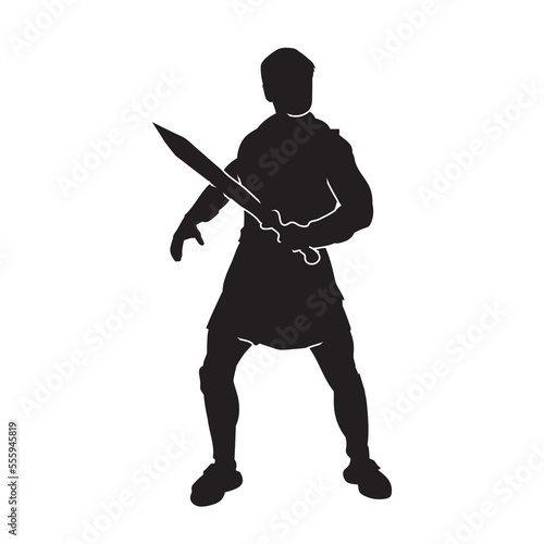 Silhouette of male medieval warrior with a weapon in hand. Isolate on a white background. Vector illustration.