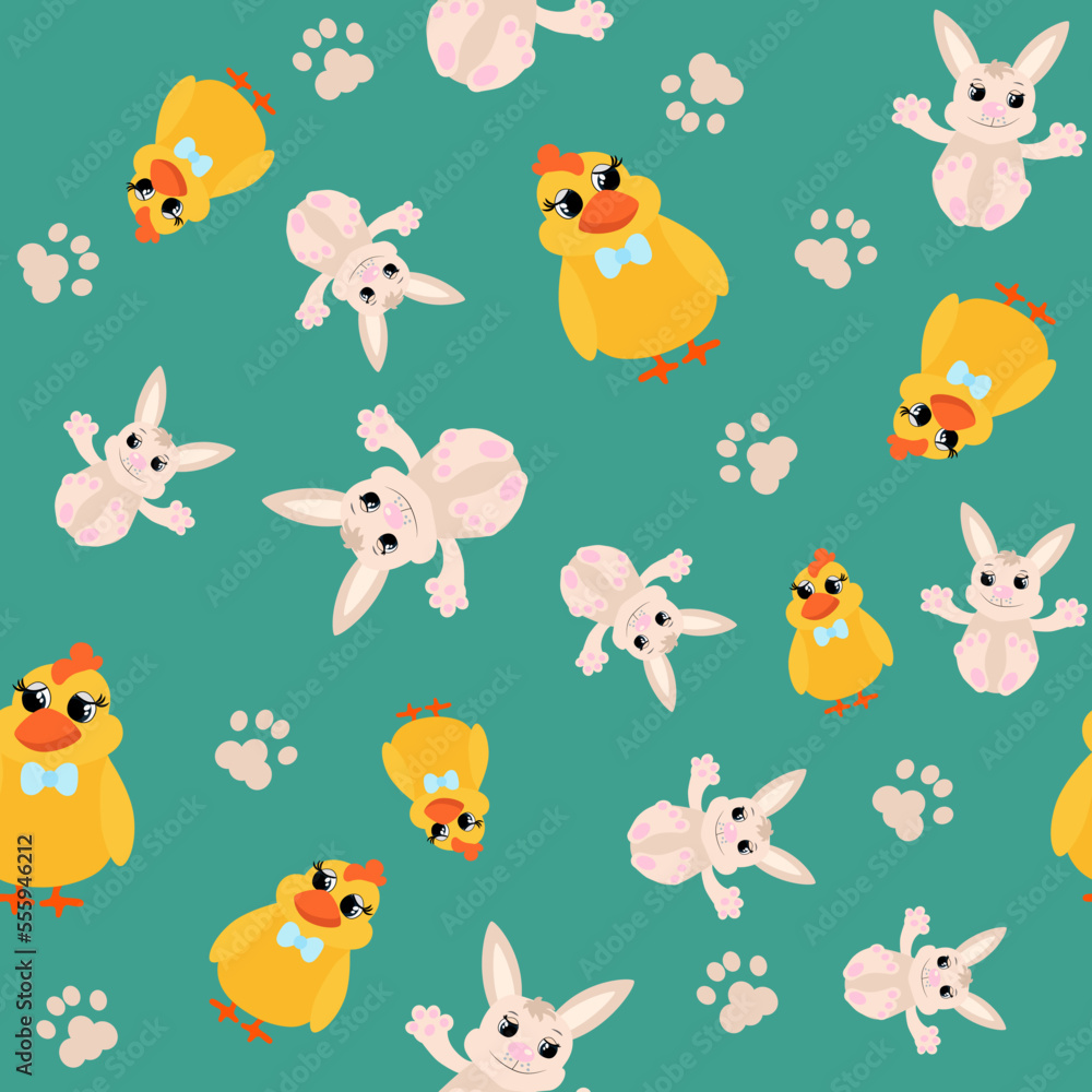 Obraz premium Seamless pattern cute little chicks and easter bunnies. Easter ornament for children's textiles, packaging, background design in cartoon style.