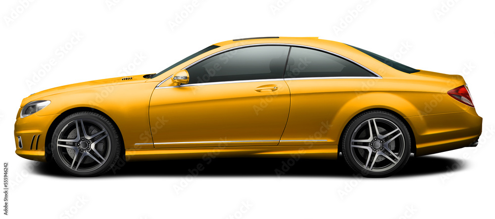 Modern yellow car coupe side view isolated on white background.