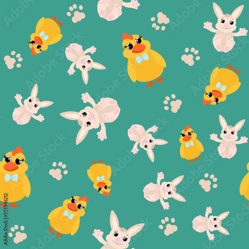 Seamless pattern cute little chicks and easter bunnies. Easter ornament for children's textiles, packaging, background design in cartoon style.