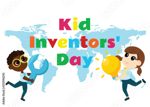 Kid Inventors Day. Cute boy and girl with light bulb and wrench and text Children's Invention Day. Сartoon childish style.