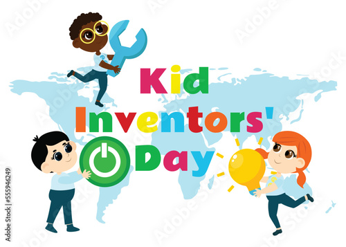 Kid Inventors Day. Cute boy and girl with light bulb and wrench and turn on button and text Children's Invention Day in cartoon childish style.