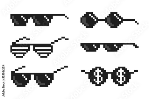 Set pixelated boss glasses, bandit pixel glasses, gangster pixelated sunglasses. Vector illustration.