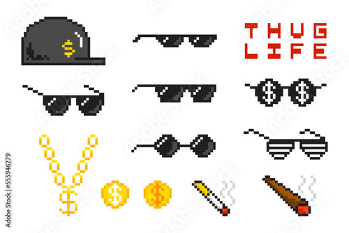 Boss pixel attributes, bandit pixel glasses, gangster gold chain, cap and cigarettes. The life of a thug boss pixel glasses, gold chain, money, cap, cigarettes and cigars. Vector illustration.