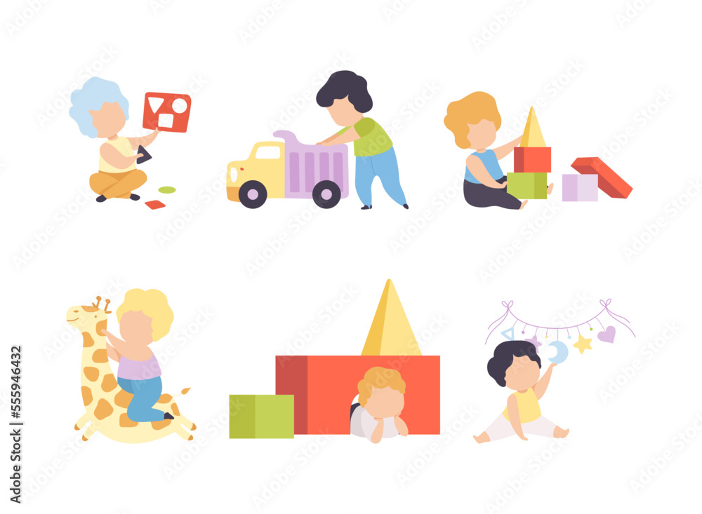 Baby Boy Sitting on the Floor and Playing Toys in Nursery Vector Set Baby Boy Sitting on the Floor and Playing Toys in Nursery Vector Set