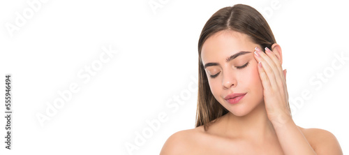 Woman beauty face  close up portrait  isolated banner with copy space. woman touch face with hand. young girl with bare shoulders. lady portrait isolated on white.