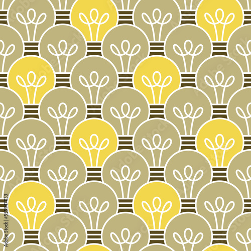 Seamless pattern with alternating light bulbs, some of them are glowing yellow.