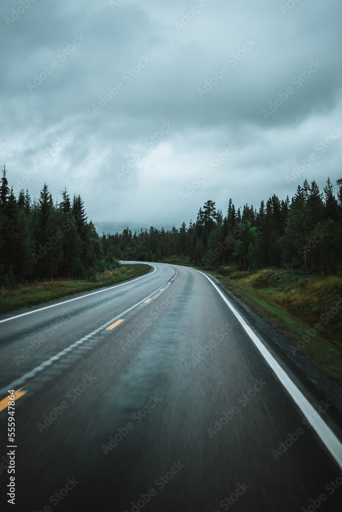 Fototapeta premium Empty road in Norway on a moody and dark autumn day