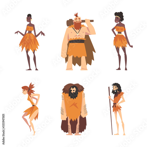 Primitive People Character from Stone Age and African Aboriginal Wearing Animal Skin and Straw Dress Vector Set