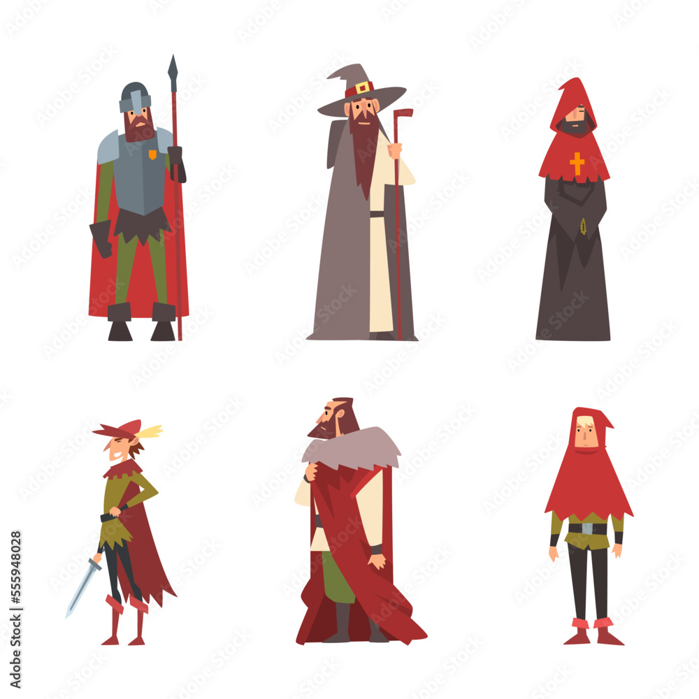 Medieval Knight, Warlock in Hat, Priest and Noble Man in Mantle Vector Set