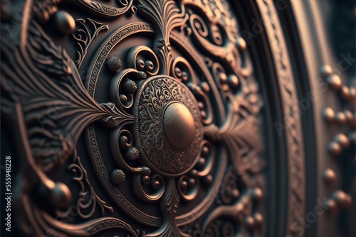  a close up of a metal door handle with intricate designs on it The background is slightly blurred, giving the focus to the intricate details of the door handle