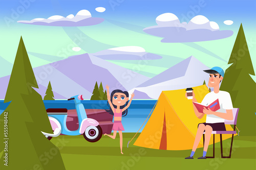 Summer concept with people scene in the background cartoon style. Father and daughter went to rest in the mountains with tents.