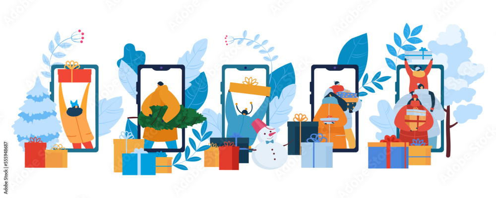 Winter sale flat banner, vector illustration. Online mobile christmas sale, business shop app in smartphone. People character buy at web design