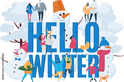 Hello winter background, vector illustration. Snow season sign banner, man woman character in huge snowman and card text.