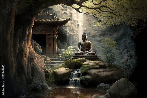 Fotografija a buddha statue sitting on a rock in a forest next to a waterfall and a waterfall with a waterfall cascading down the side of it