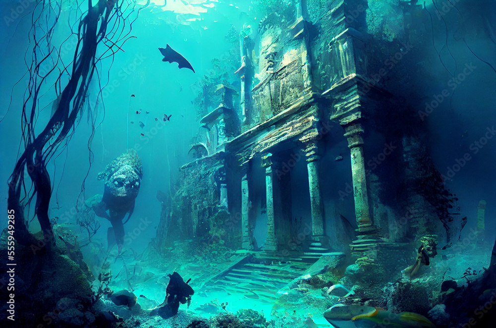 illustration of underwater sunken ancient city. Ruins of an ancient ...