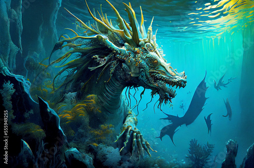 Fantasy digital art illustration, Sea dragon monster underwater 3D rendered.game 3d character beast, Monster sea. © Studio Multiverse