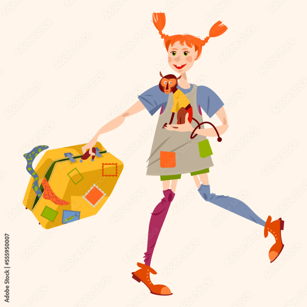 Happy little red-haired girl in long stockings with a monkey and old suitcase Happy little red-haired girl in long stockings with a monkey and old suitcase
