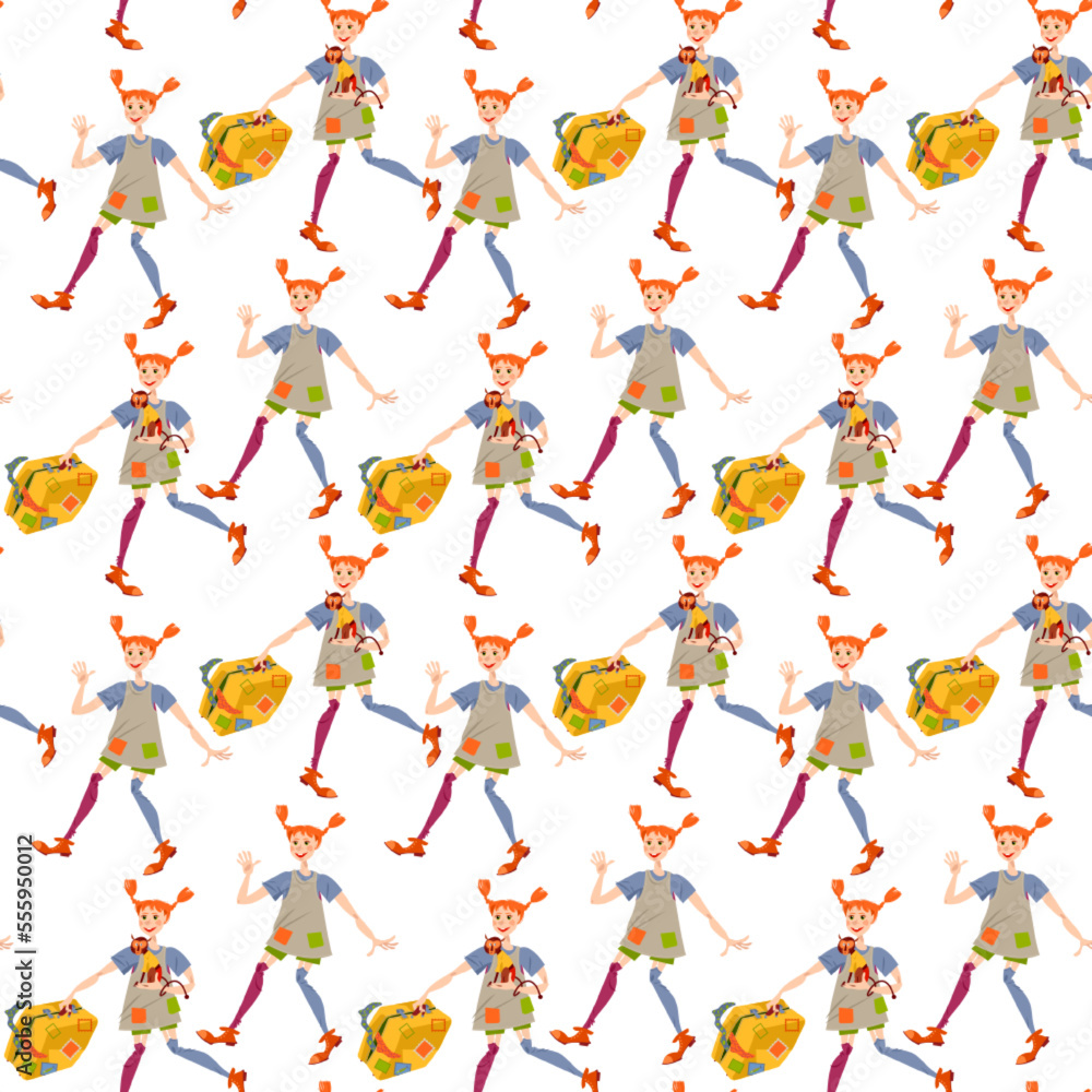 Happy little red-haired girl in long stockings with a monkey and old suitcase. Seamless background pattern