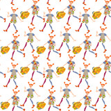 Happy little red-haired girl in long stockings with a monkey and old suitcase. Seamless background pattern