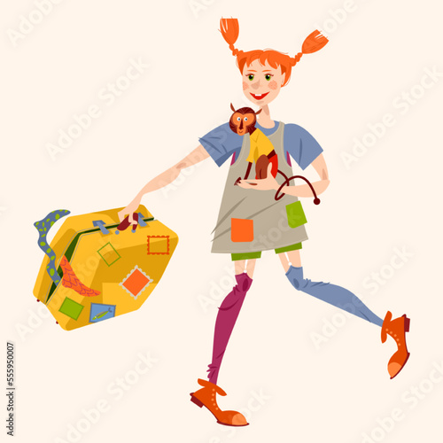 Happy little red-haired girl in long stockings with a monkey and old suitcase