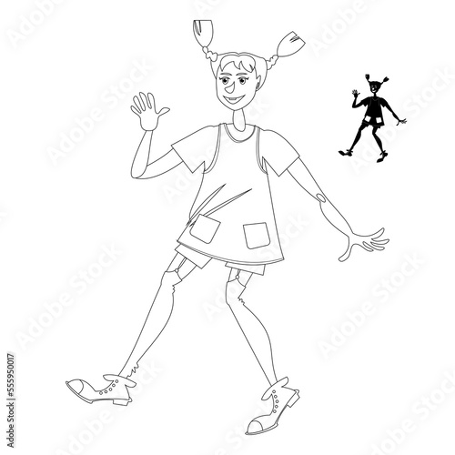Happy little girl in long stockings. Сoloring page