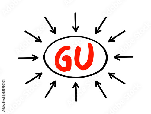GU Genitourinary - refers to the urinary and genital organs, acronym text concept with arrows